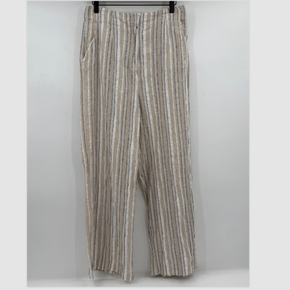 Sage The Label Pants Women Large Beige Striped Straight Leg Linen Blend Festival